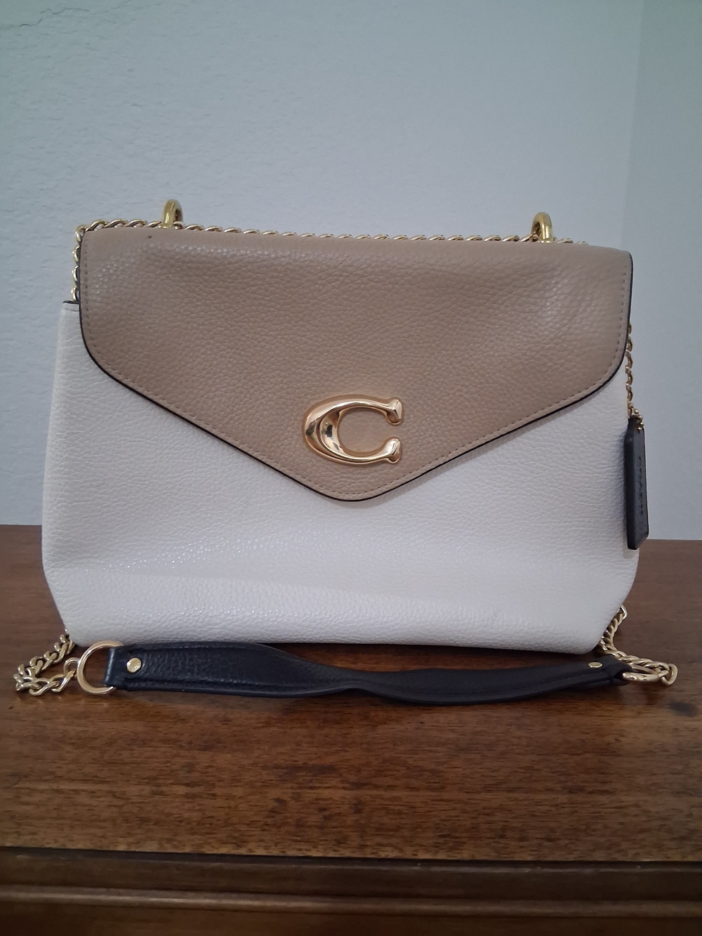 Coach Tammie Two-Tone Pebbled Leather Shoulder Bag - Taupe & White